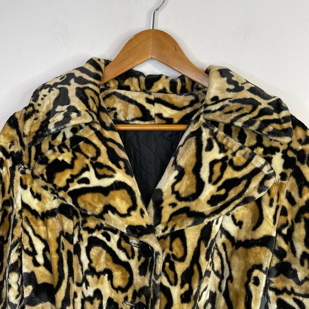 Vintage 60s 70s Glenbrooke Mod Velvet Faux Fur Leopard Ocelot Belted Jacket Coat - Picture 4 of 16